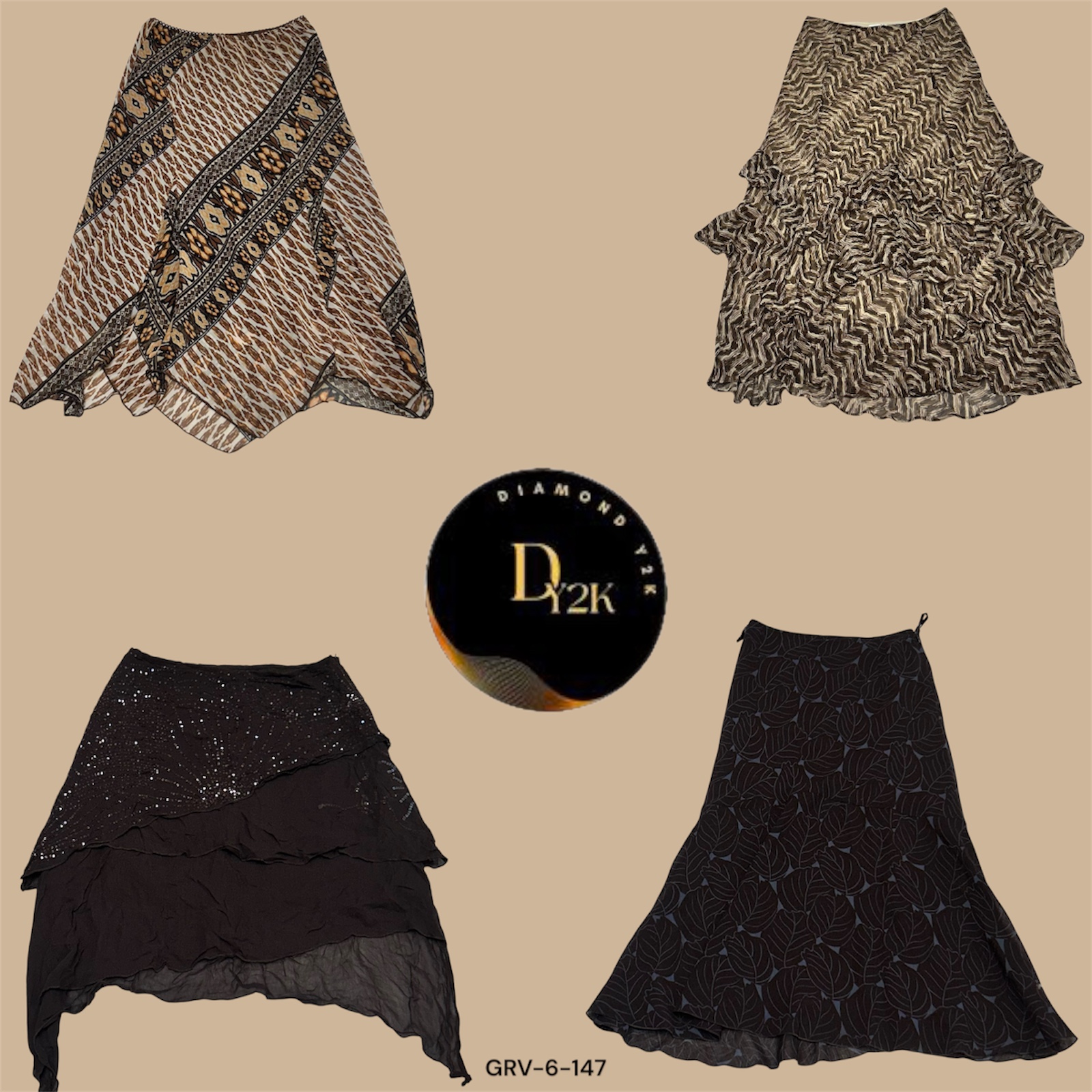 Y2K Earthy Tones | Brown Printed Poly Skirt (GRV-6-147)
