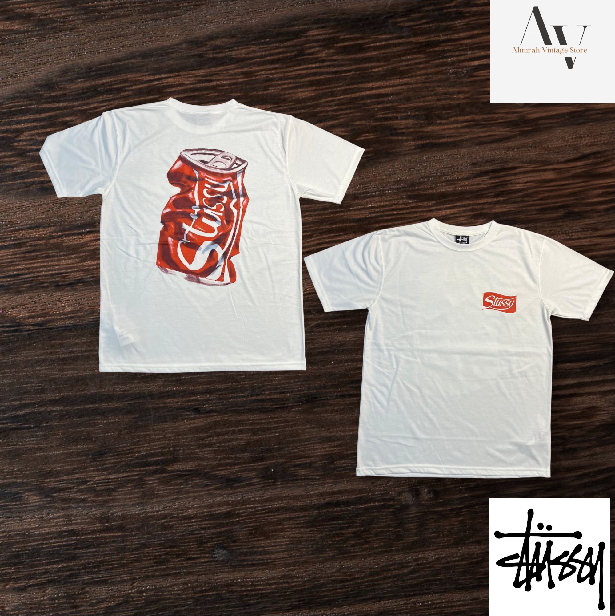 Camiseta blanca de lata de soda estilo rework de Stussy