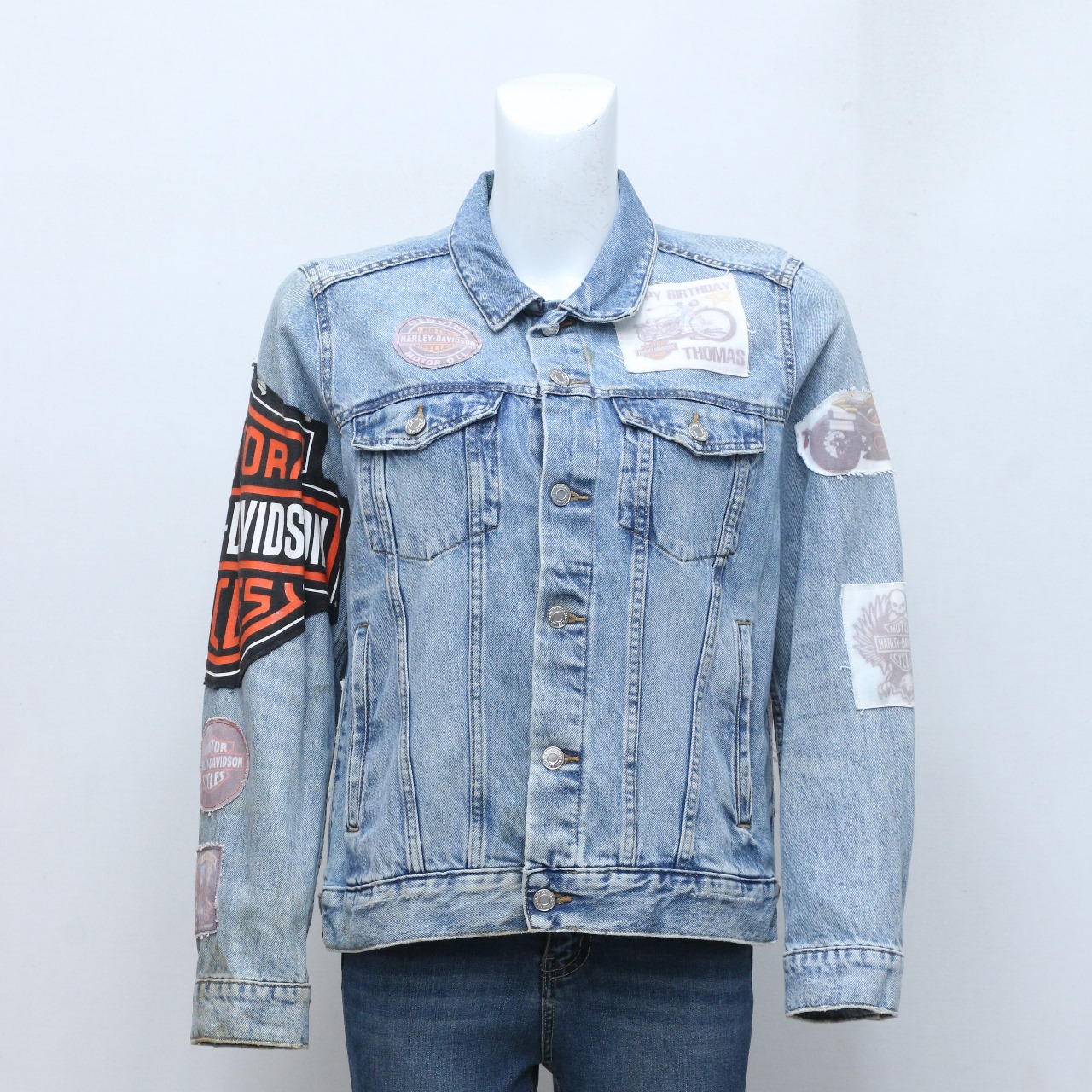 CR211 Reworked Printed Motorcycle Sticker Patch Denim Jacket