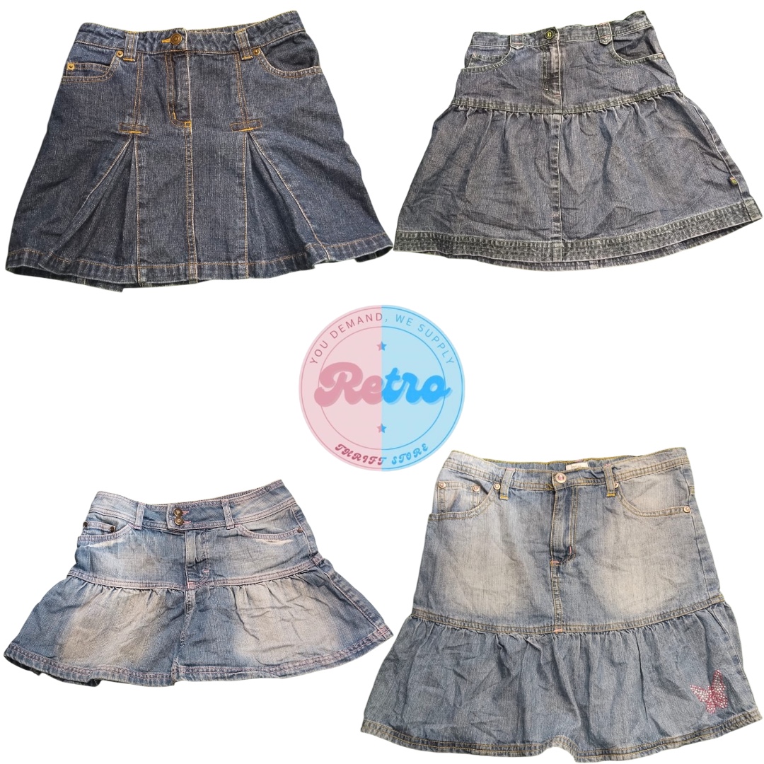 Y2K & 90s Denim Midi Skirts – Gold Foil, Patchwork, Pleats & Ruffle Trim Bundle