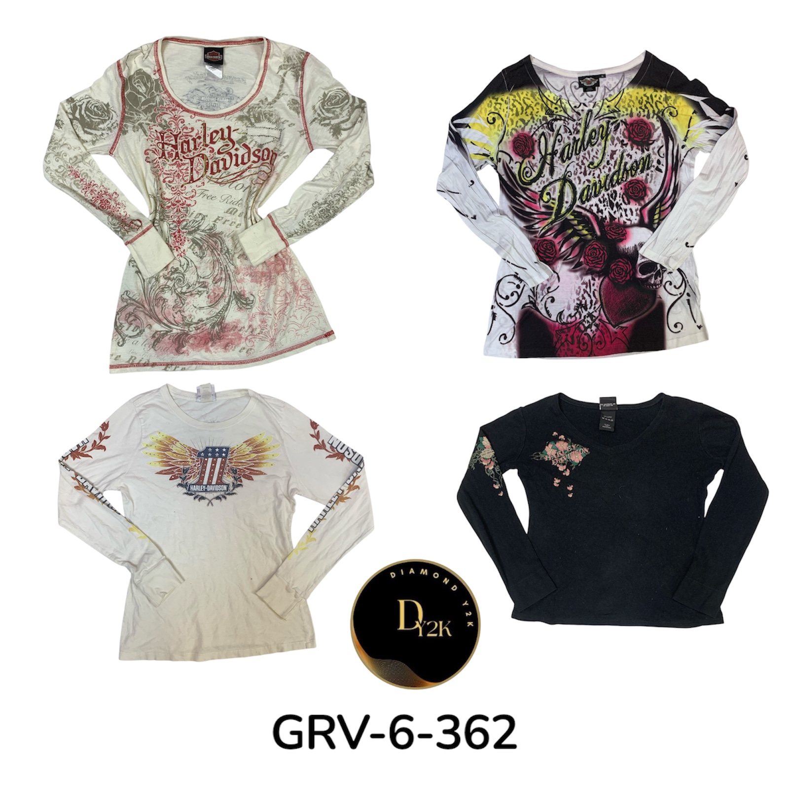 Harley Davidson Manches Longues 2000s – Noir & Blanc Rétro Ajusté (GRV-6-362)