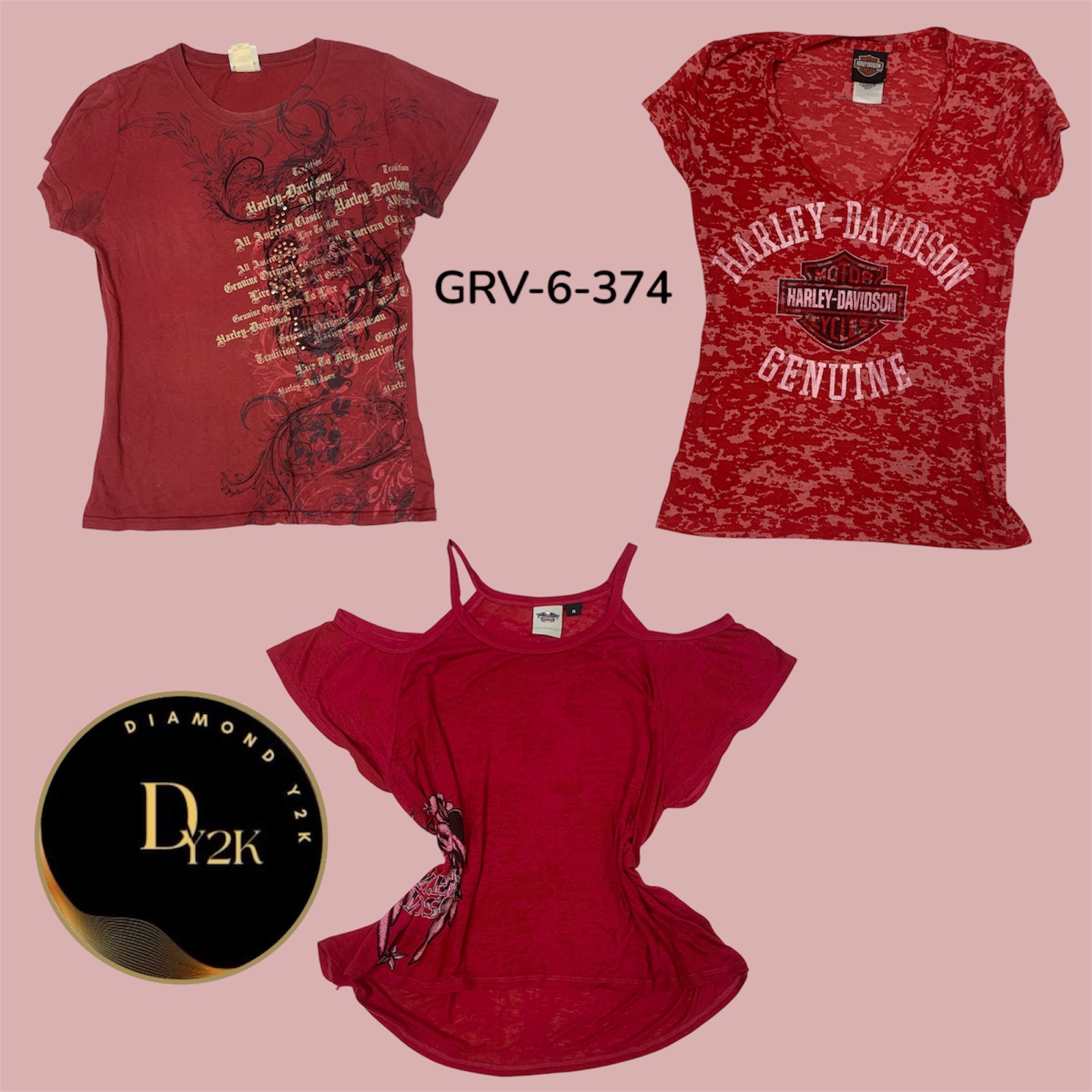 ハーレーダビッドソン レッド Tシャツ – クラシック モーターサイクル グラフィック (Y2K ヴィンテージ) (GRV-6-374)