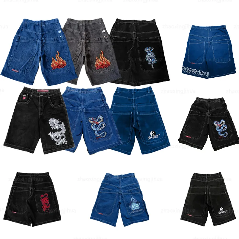 Hippop e pantaloni corti in denim con ricamo giapponese