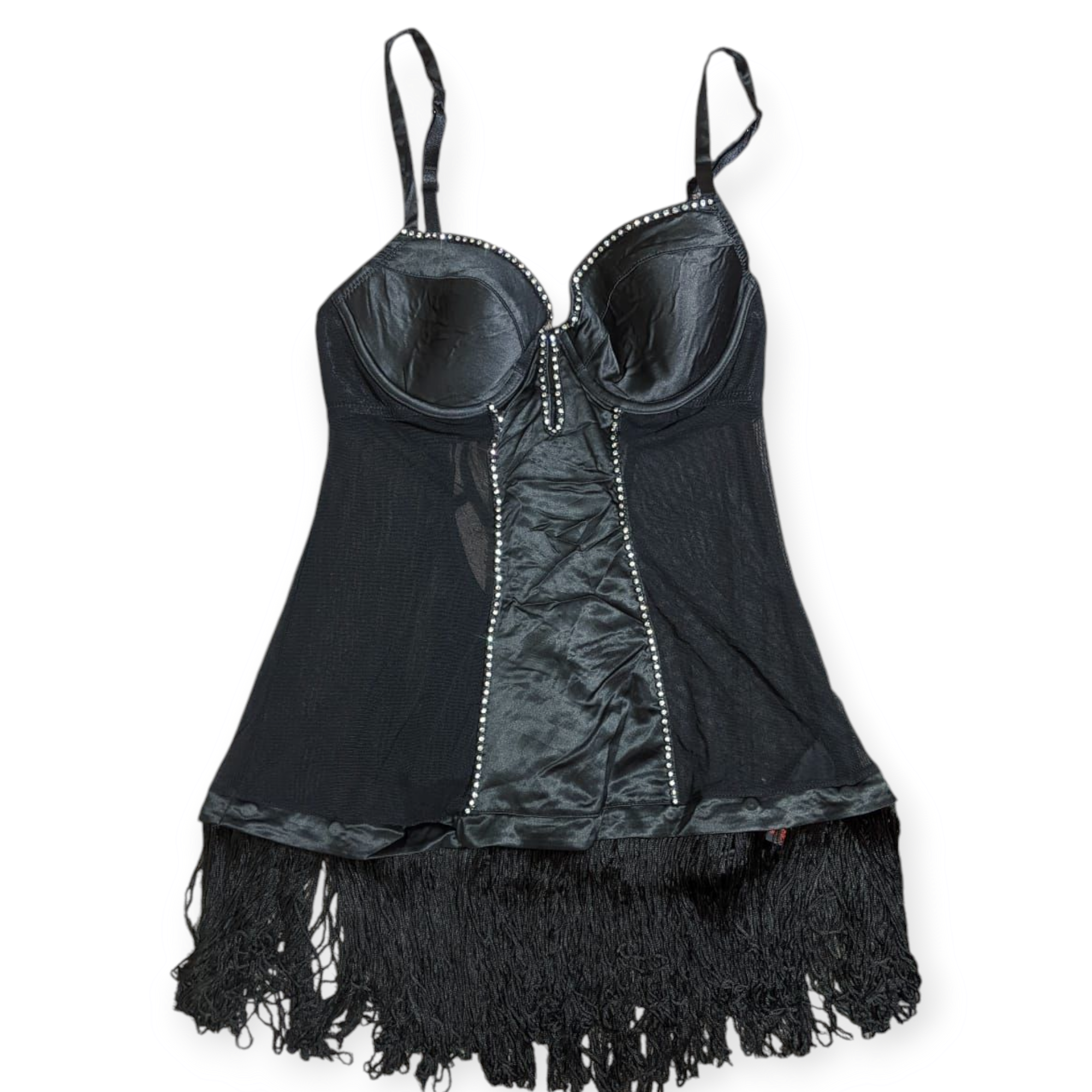 SAY#236 Lingerie Babydoll Satin Noir Y2K avec Détails Franges