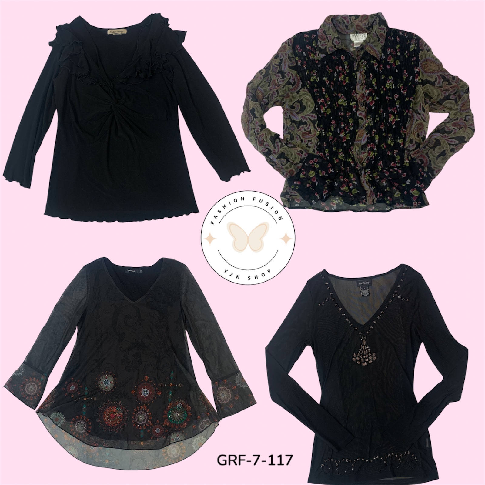 Midnight Muse | Y2K Black Printed Long Sleeve Blouse (GRF-7-117)