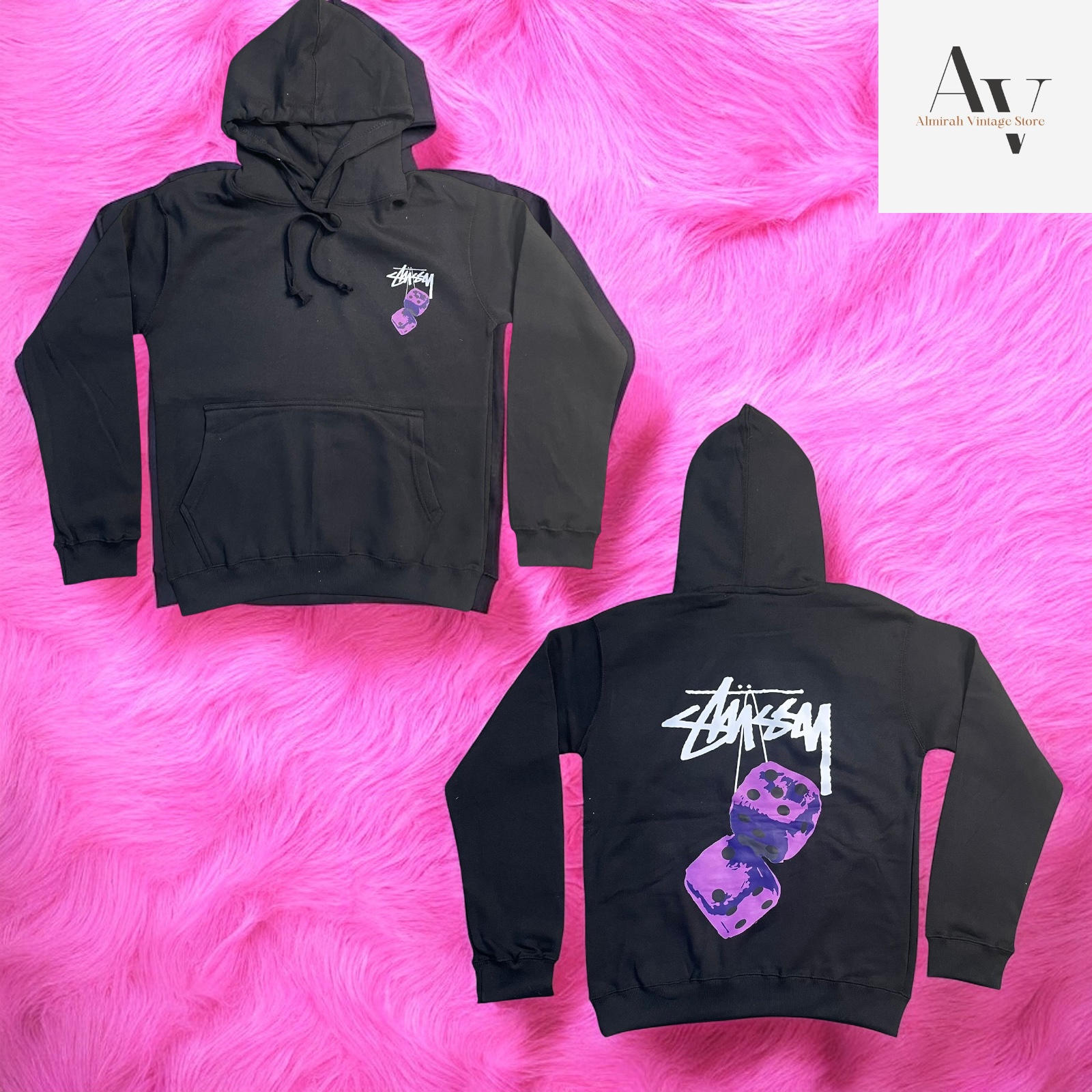 Stussy rework style purple fuzzy dice hoodie