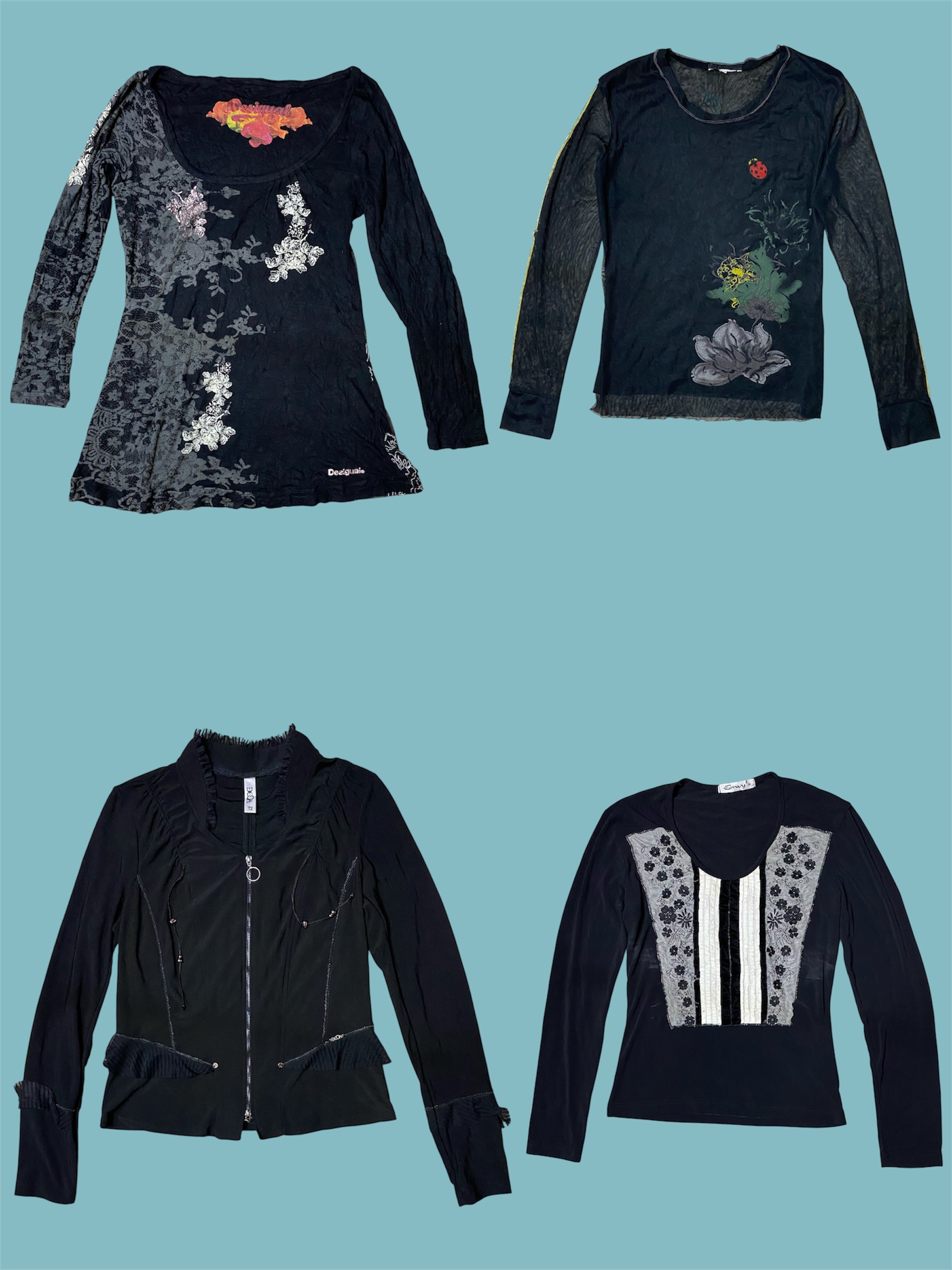 Y2K Gothic Floral Mesh Long Sleeve Top – Retro Grunge Vibes (Ts631)