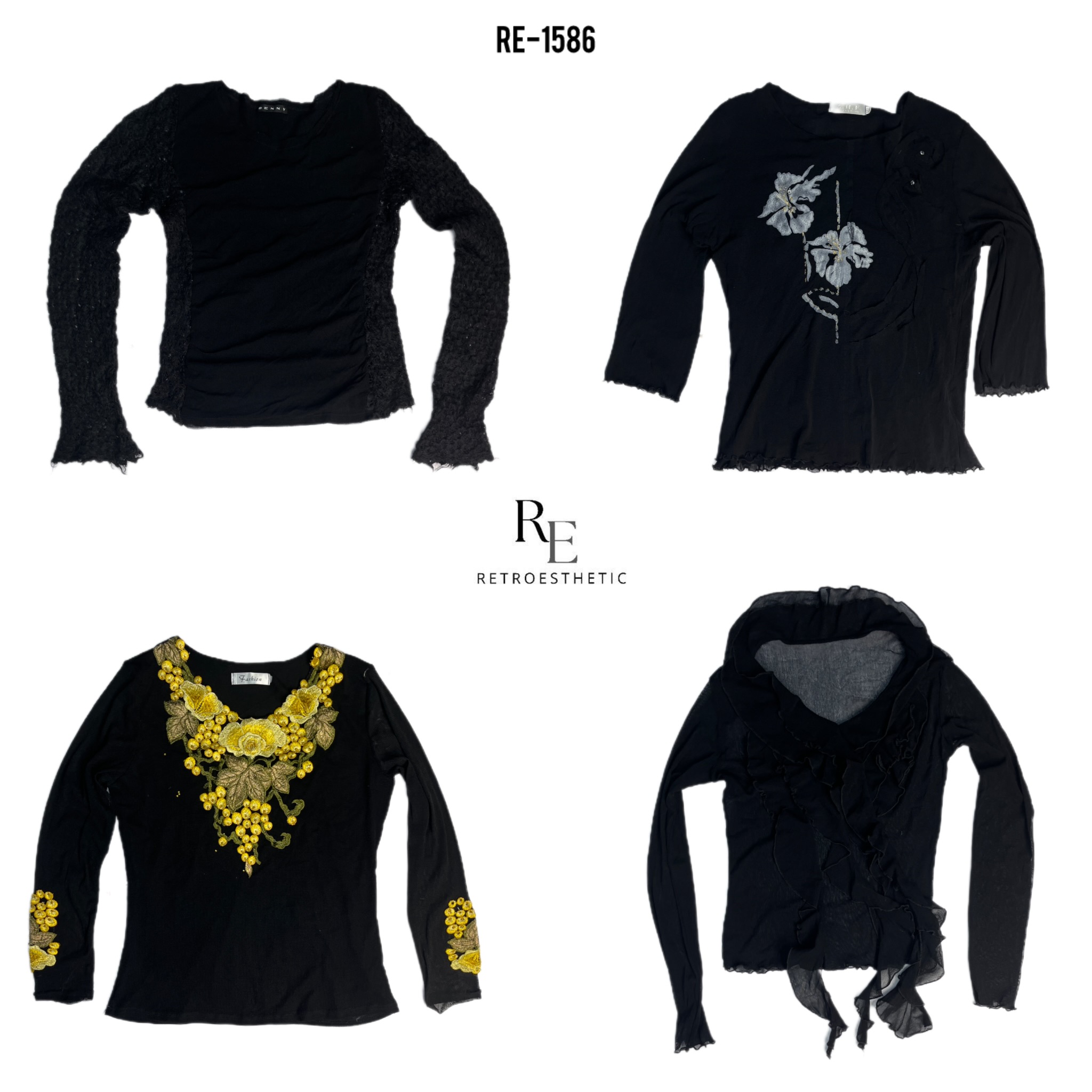 Y2K All Black Rave Langarm-Mix-Mesh-Oberteile (RE-1586)
