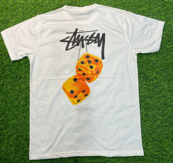 Stussy rework style yellow fuzzy dice white tees