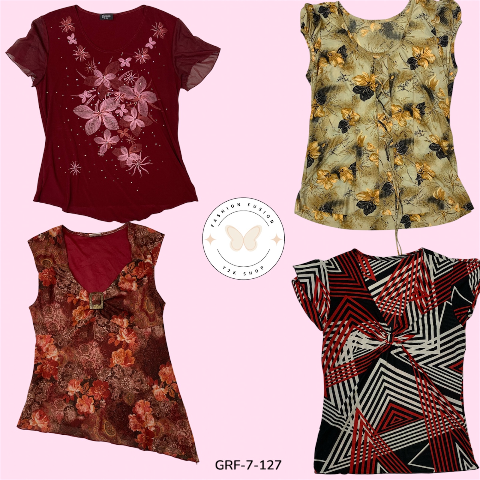 Y2K Rote Bedruckte Bluse | Kurze Ärmel mit kräftigen Retro-Vibes (GRF-7-127)