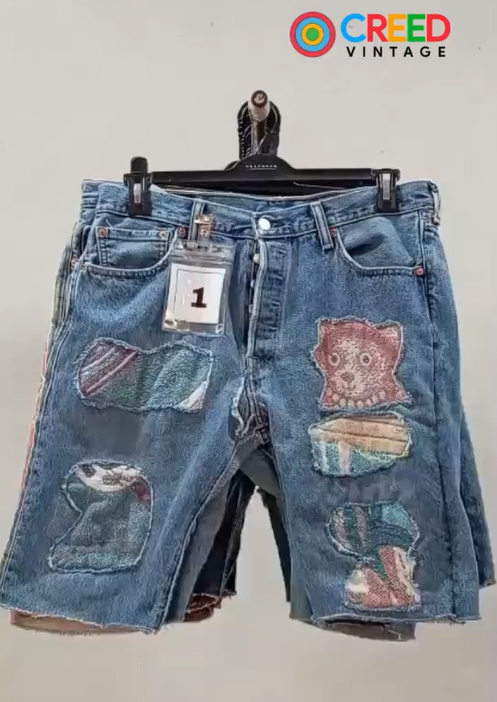 CR391 Upcycled Tapestry Panel Denim Shorts