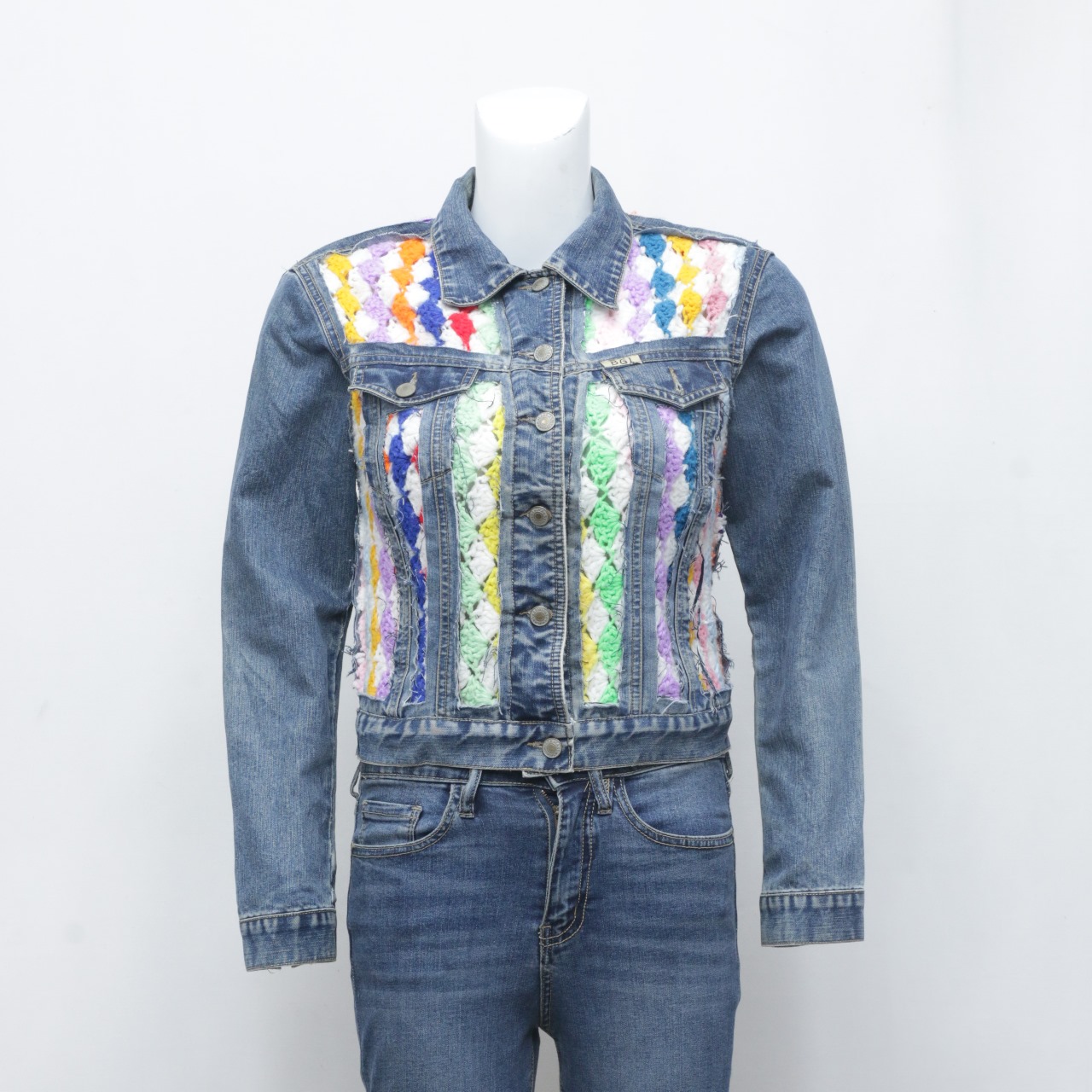 CR393 Upcycled Poncho Panel Short Body Denim Jacket
