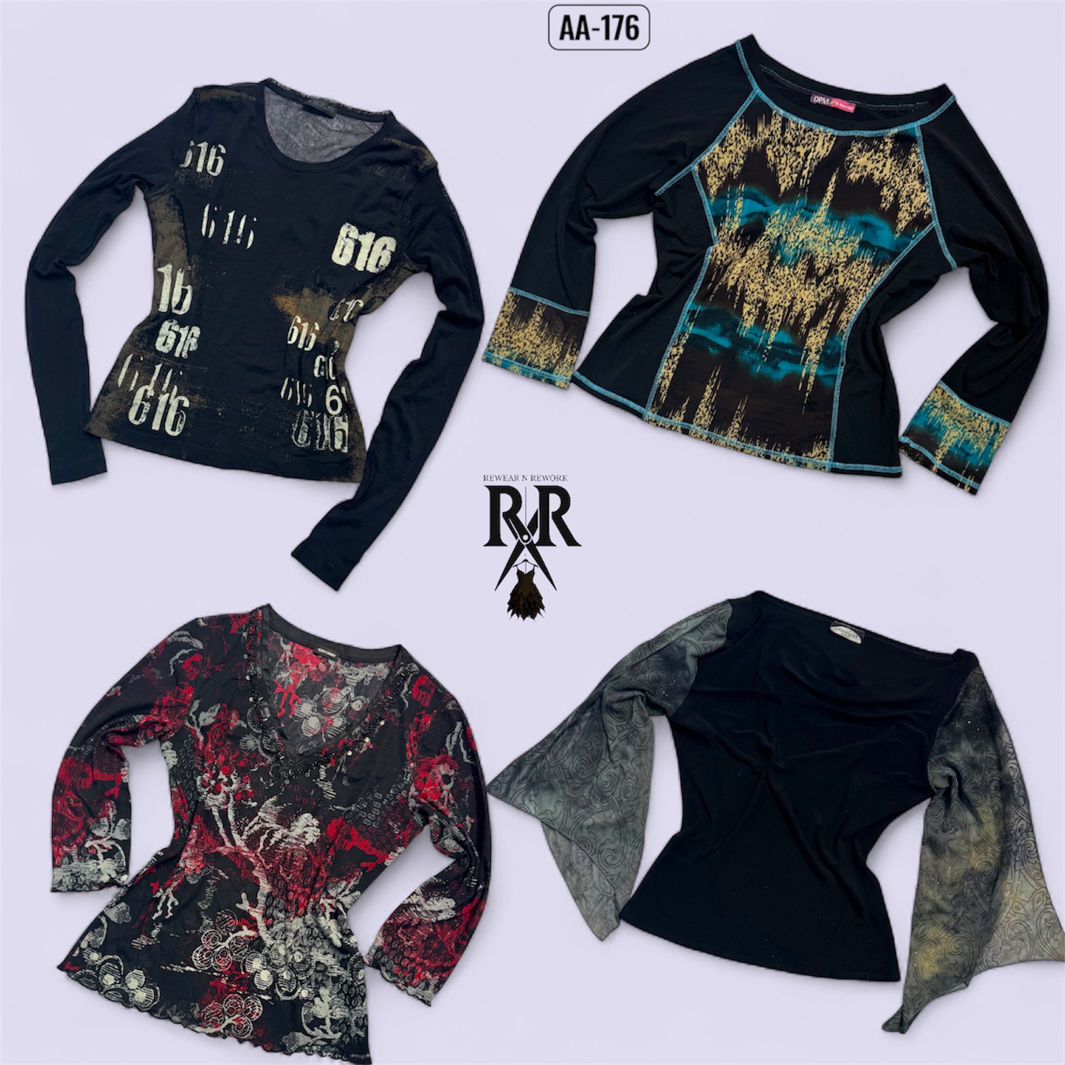 Y2K All Black Rave Full Sleeve Mesh Mix Tops (AA-176)