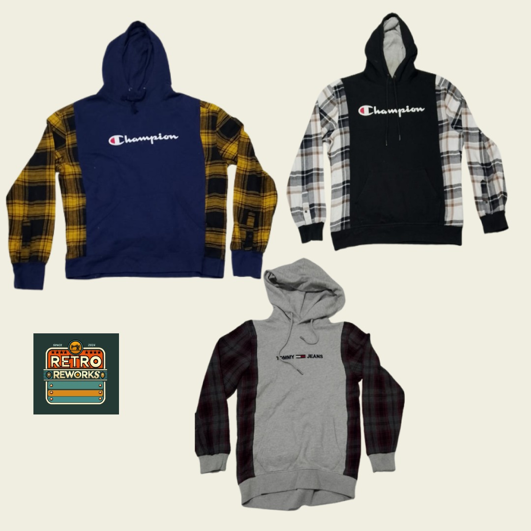 SS25 Hoodie en flanelle upcyclée avec patchwork de marque