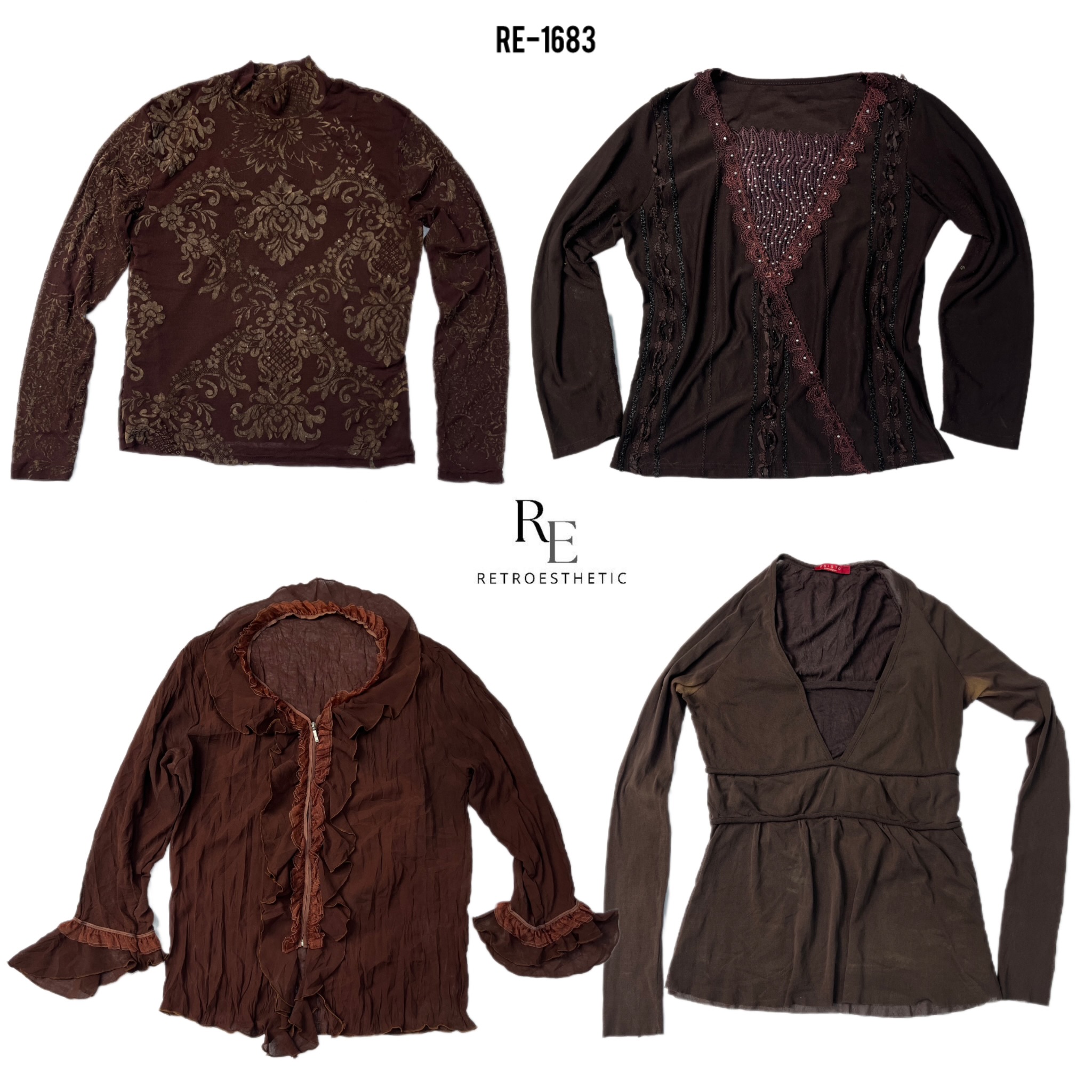 Y2K Dunkelbraune Langarm-Mix-Tops (RE-1683)