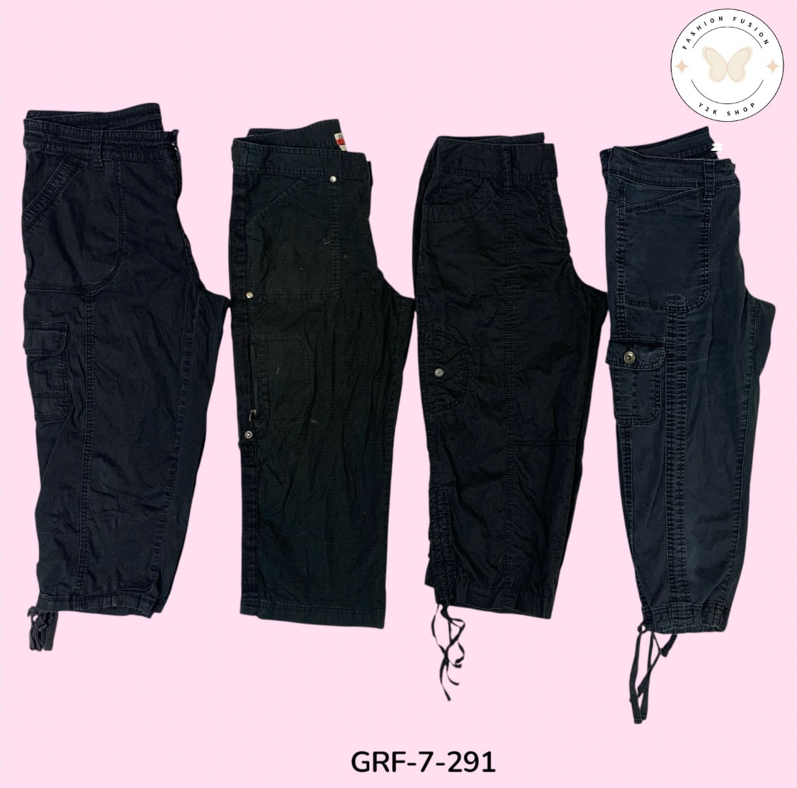 Calças Capri Cargo Pretas de Moda Rápida – Look Casual Urbano (GRF-7-291)