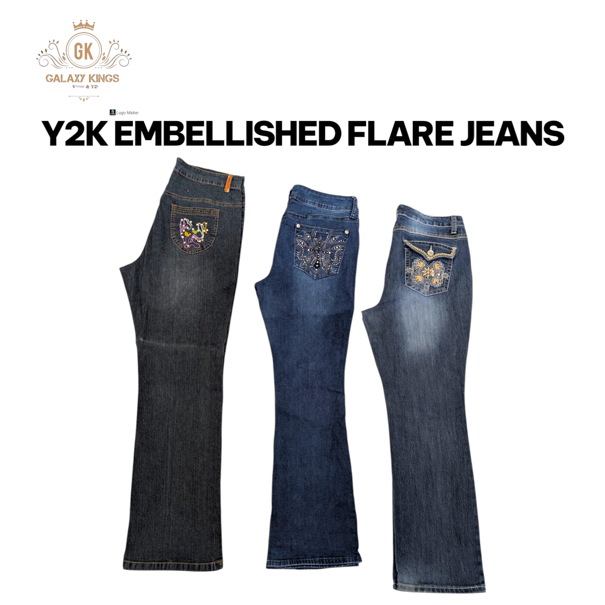 Jeans a zampa d'elefante con decorazioni Y2K.