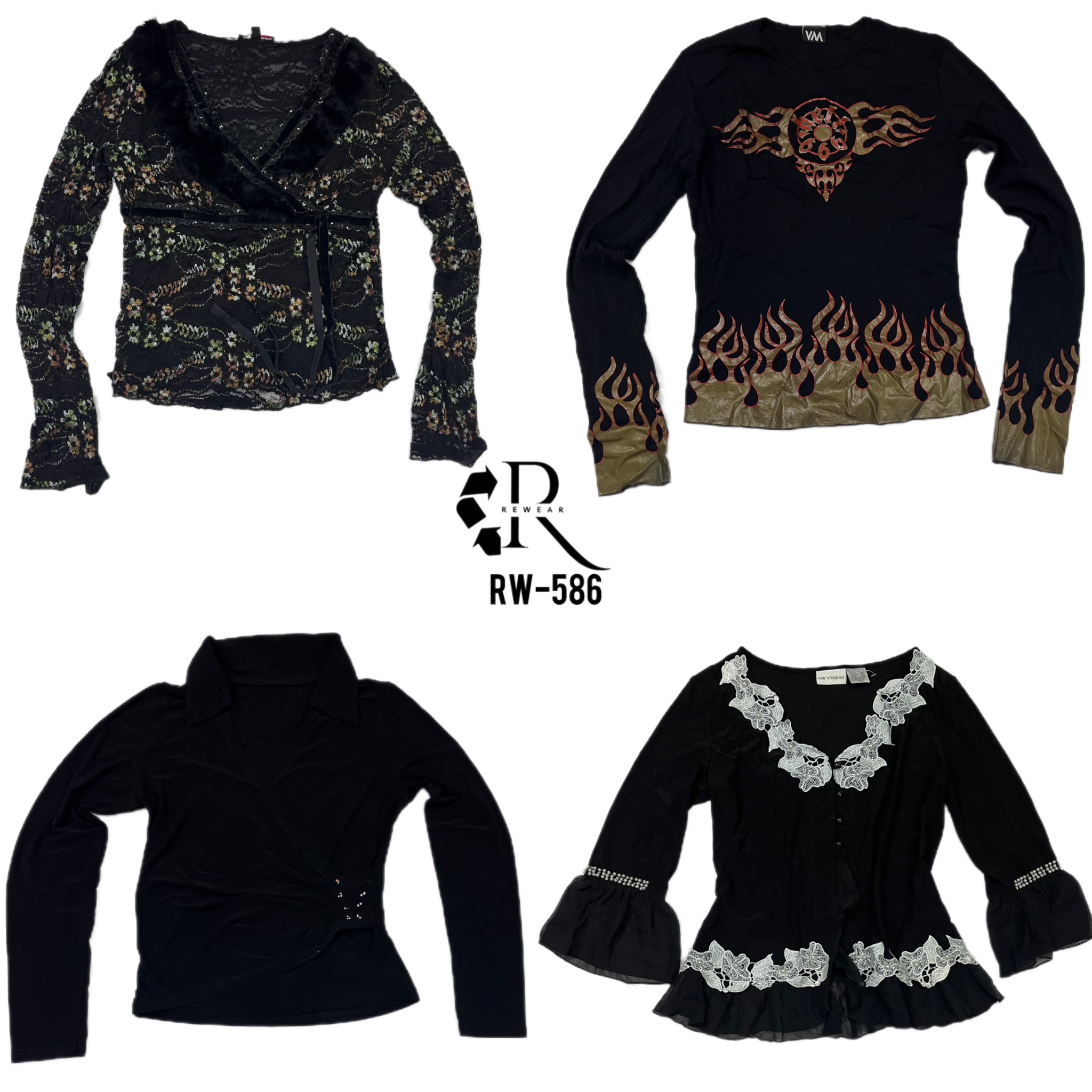 Y2K All Black Gothic Vollärmelige Tops (RW-586)