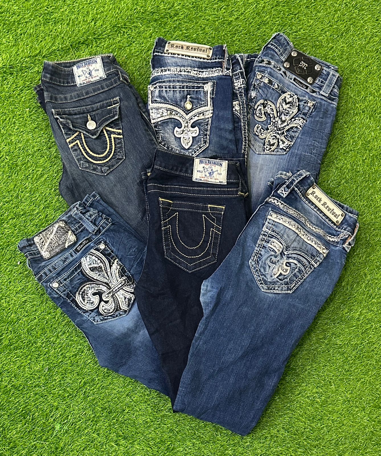 Y2K jeans, Miss Me, True Religion, and Rock Revival