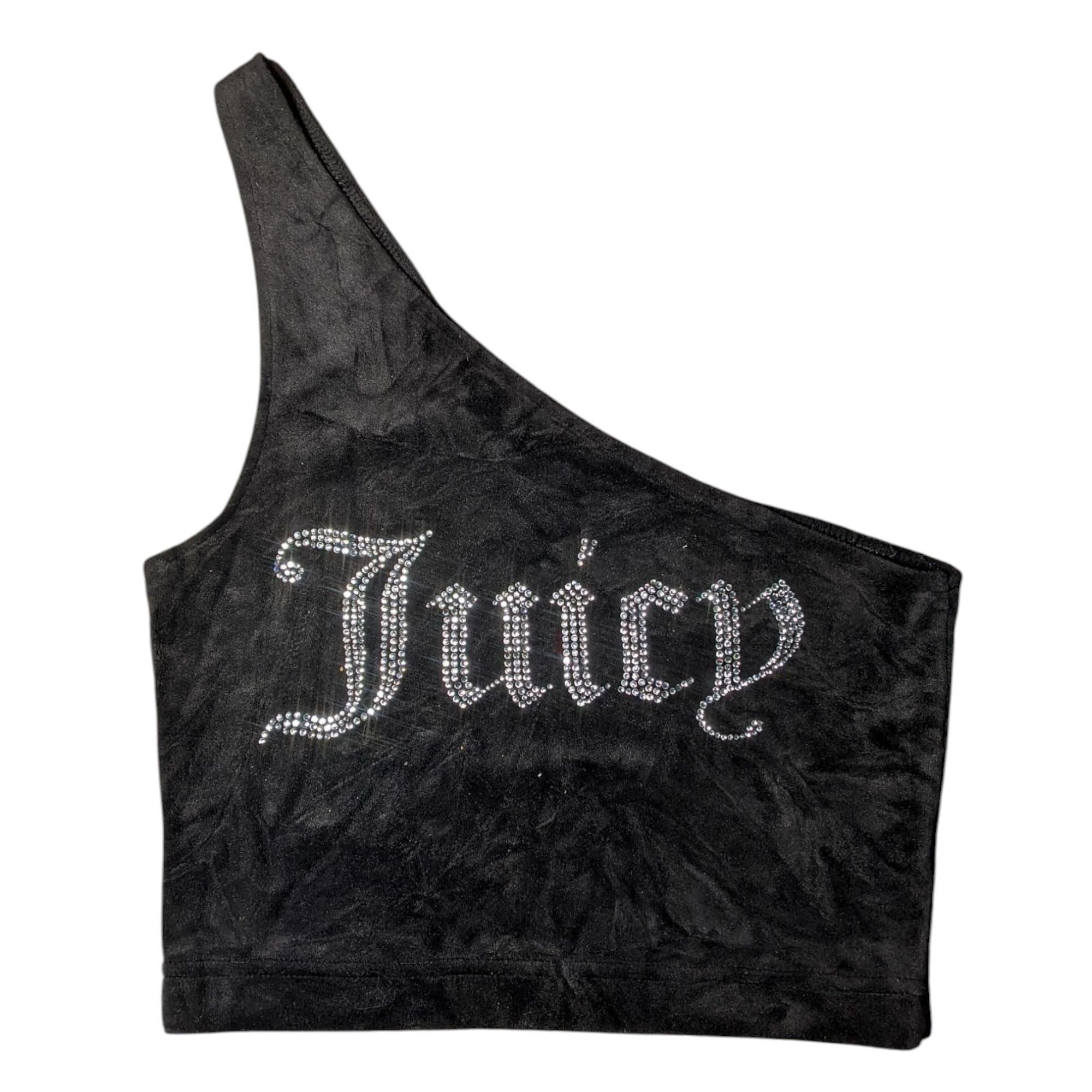 SAY#282 Iconic Y2K Juicy Couture One-Shoulder Crop Top – Velour & Rhinestone Bling