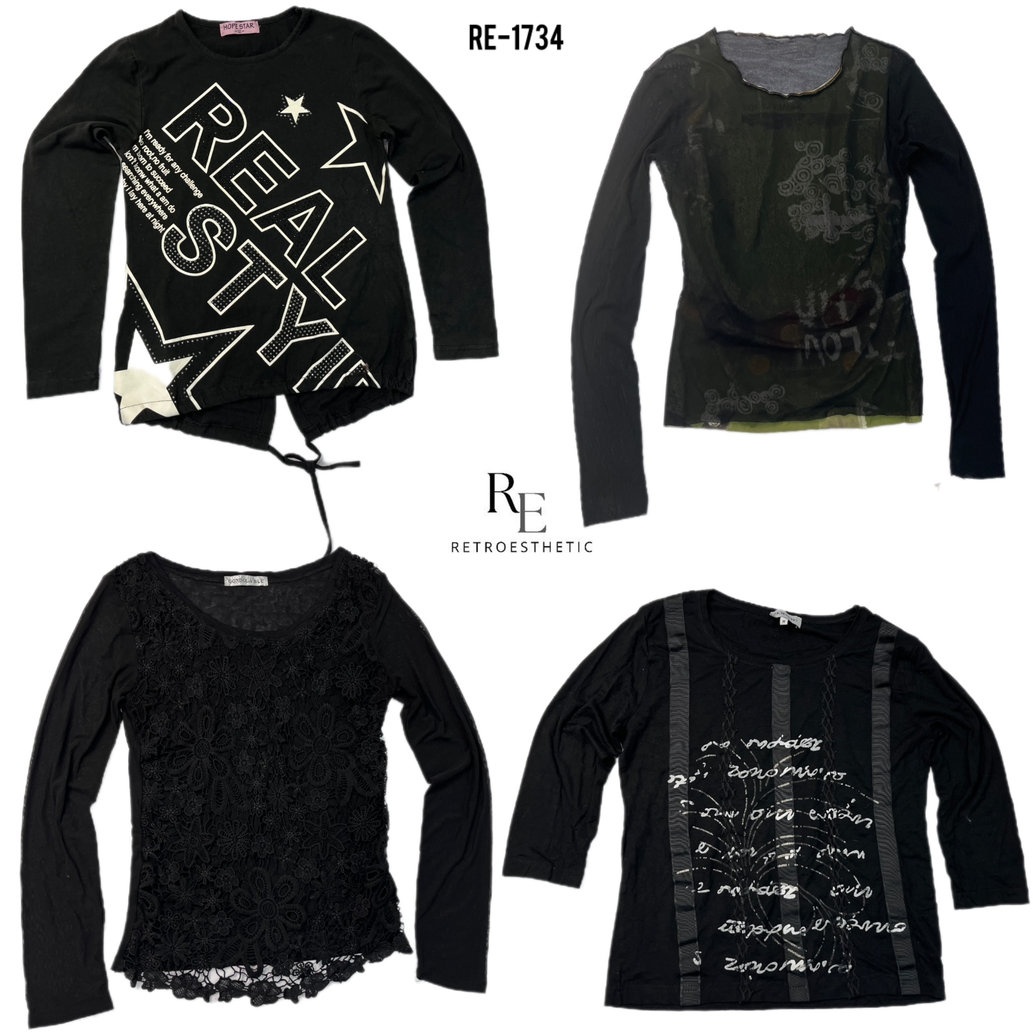 Y2K Tutto Nero Rave Maglie a Manica Lunga (RE-1734)