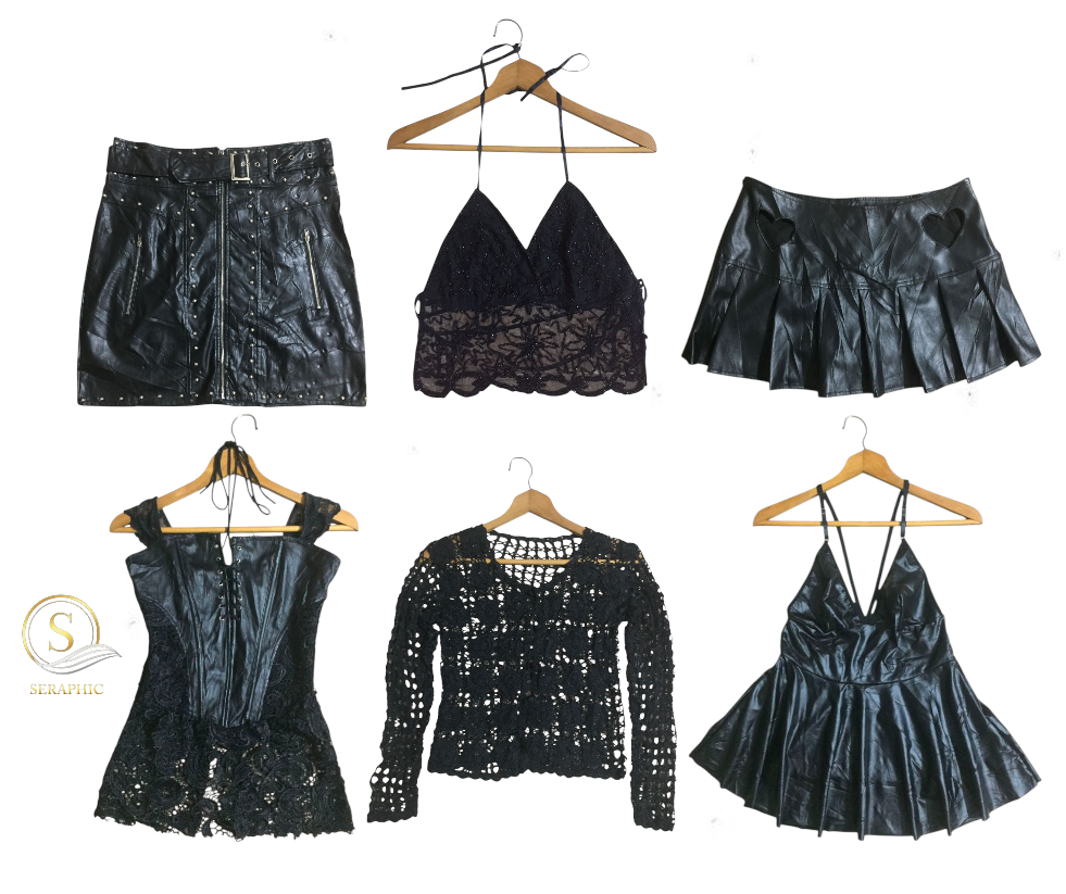 Pacote de Mistura Rave Preto no Estilo Y2K: Camisetas, Saia e Camisas de Crochê