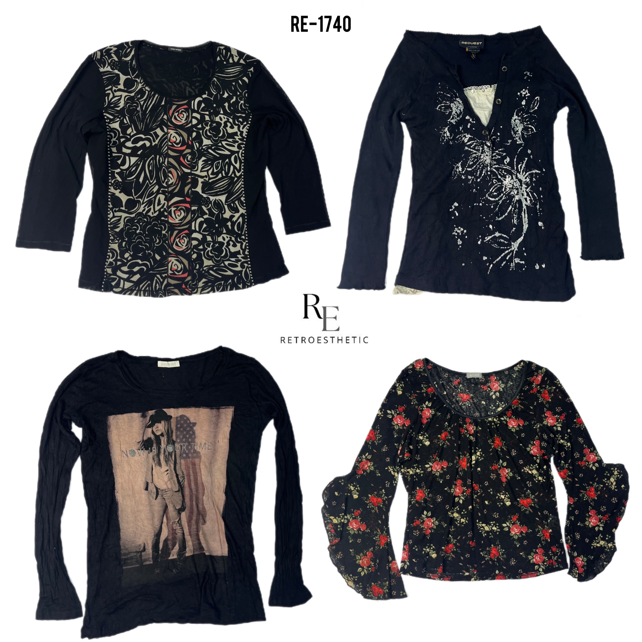 Y2K All Black Graphic & Floral Full Sleeve Tops (RE-1740)