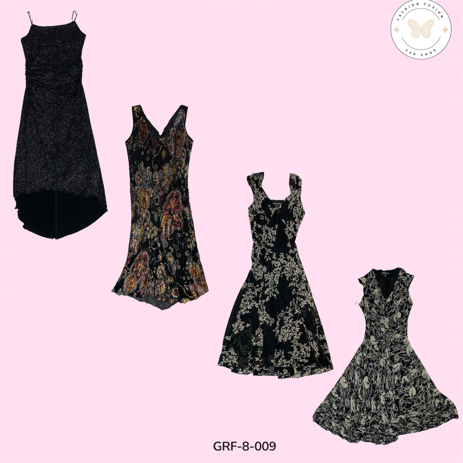 Vestido Vintage Y2K Estampado em Preto – Soft Poly Aesthetic (GRF-8-009)