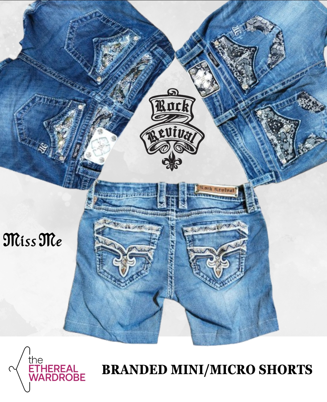 Shorts Mini/Micro Y2K incluant Rock Revival et Miss Me (RN#1251)
