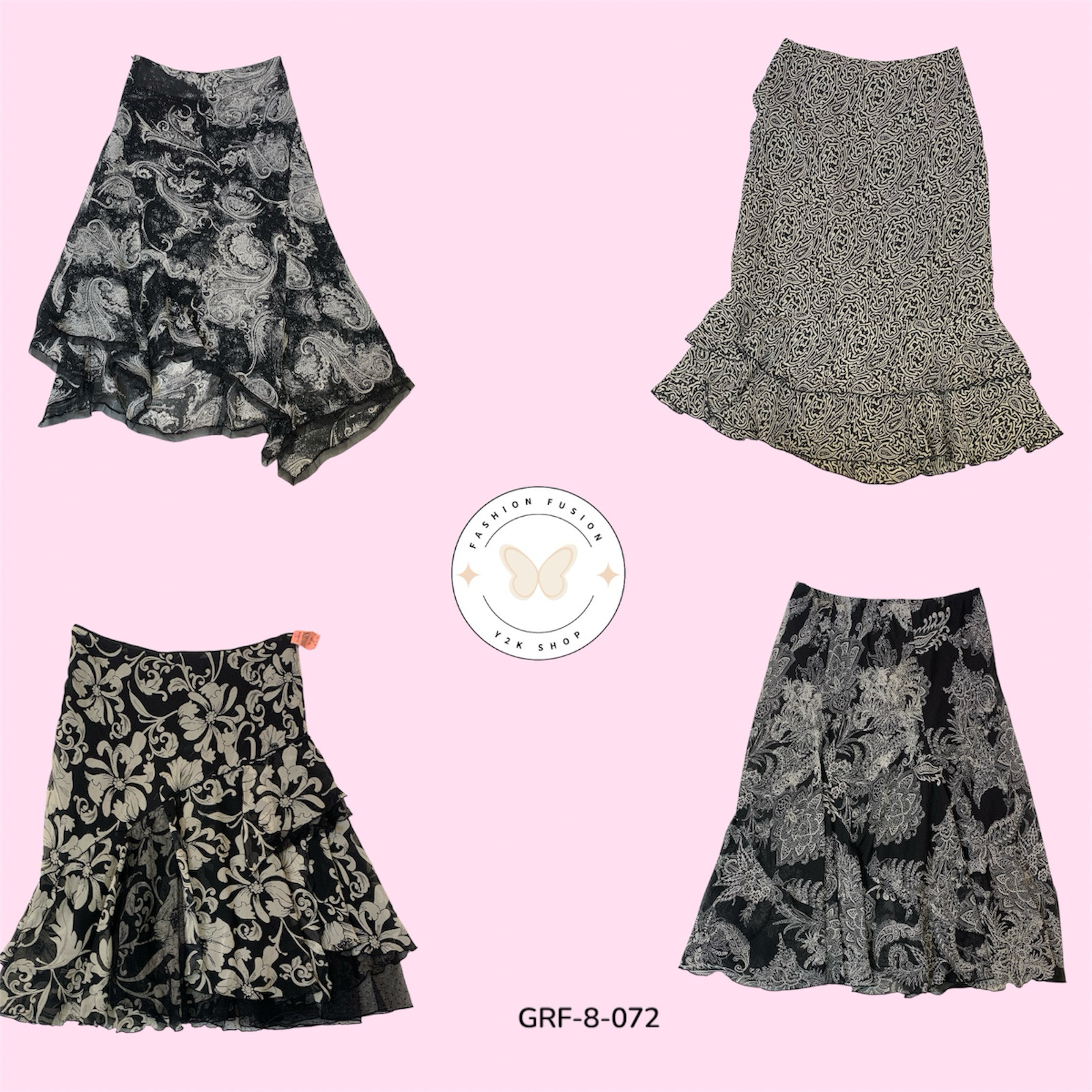 Jupe en poly noir imprimée Y2K – Style vintage rétro (GRF-8-072)