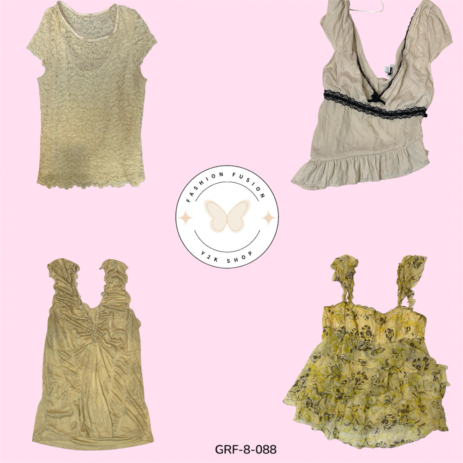 Y2K Aesthetic Cream & Green Short Sleeve Shirt – 2000s Fashion (GRF-8-088)