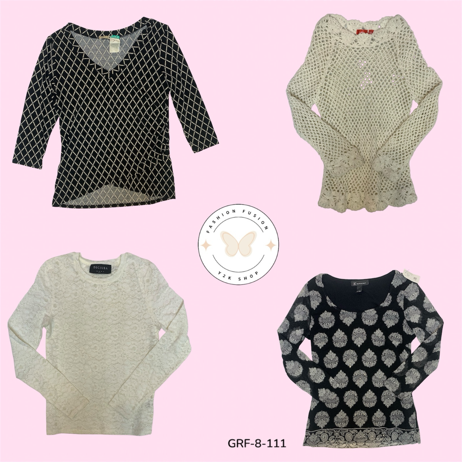 Retro Y2K Black & White Print Blouse – Aesthetic Top (GRF-8-111)