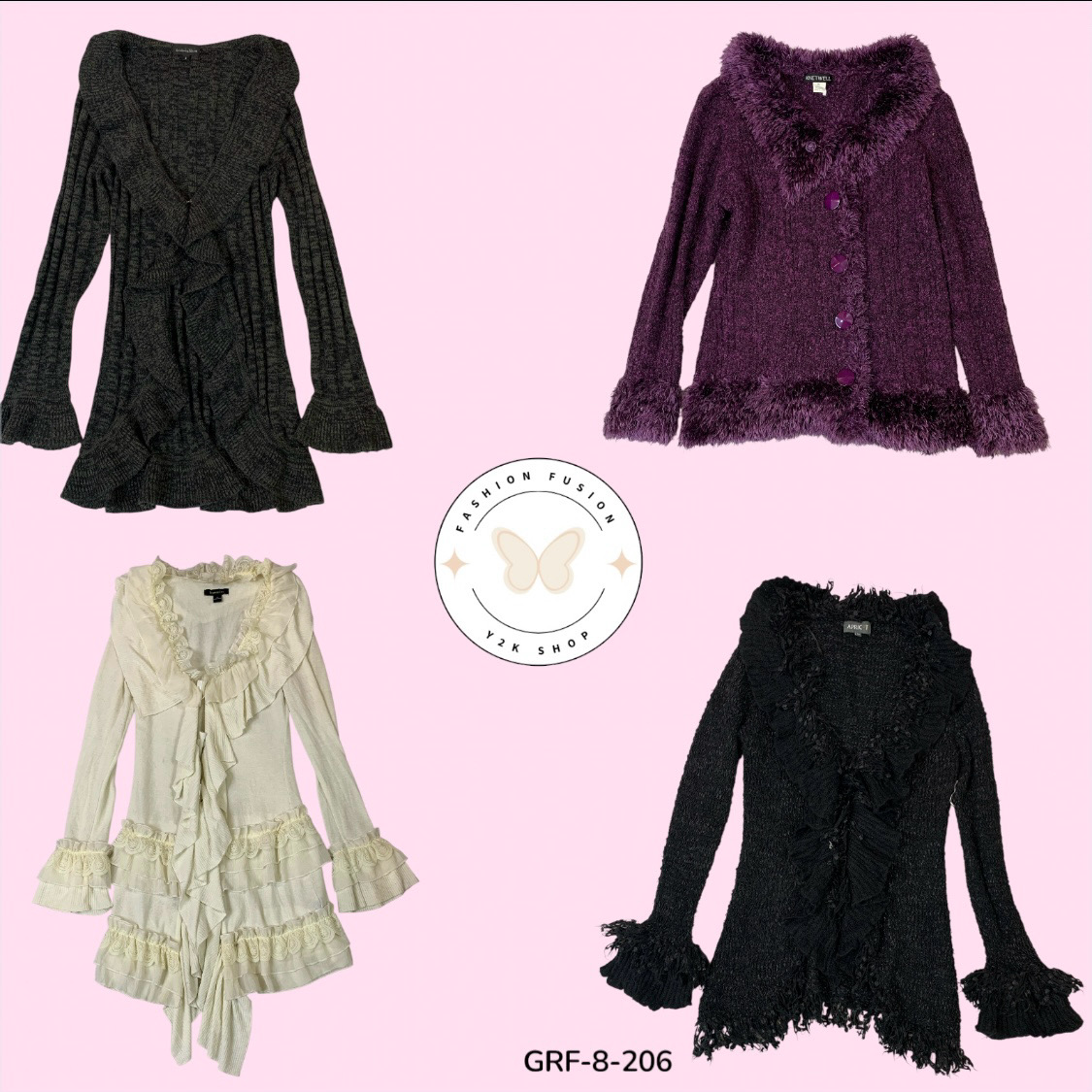 Vintage Y2K Ruffle Trim Cardigan – Early 2000s Knitwear (GRF-8-206)