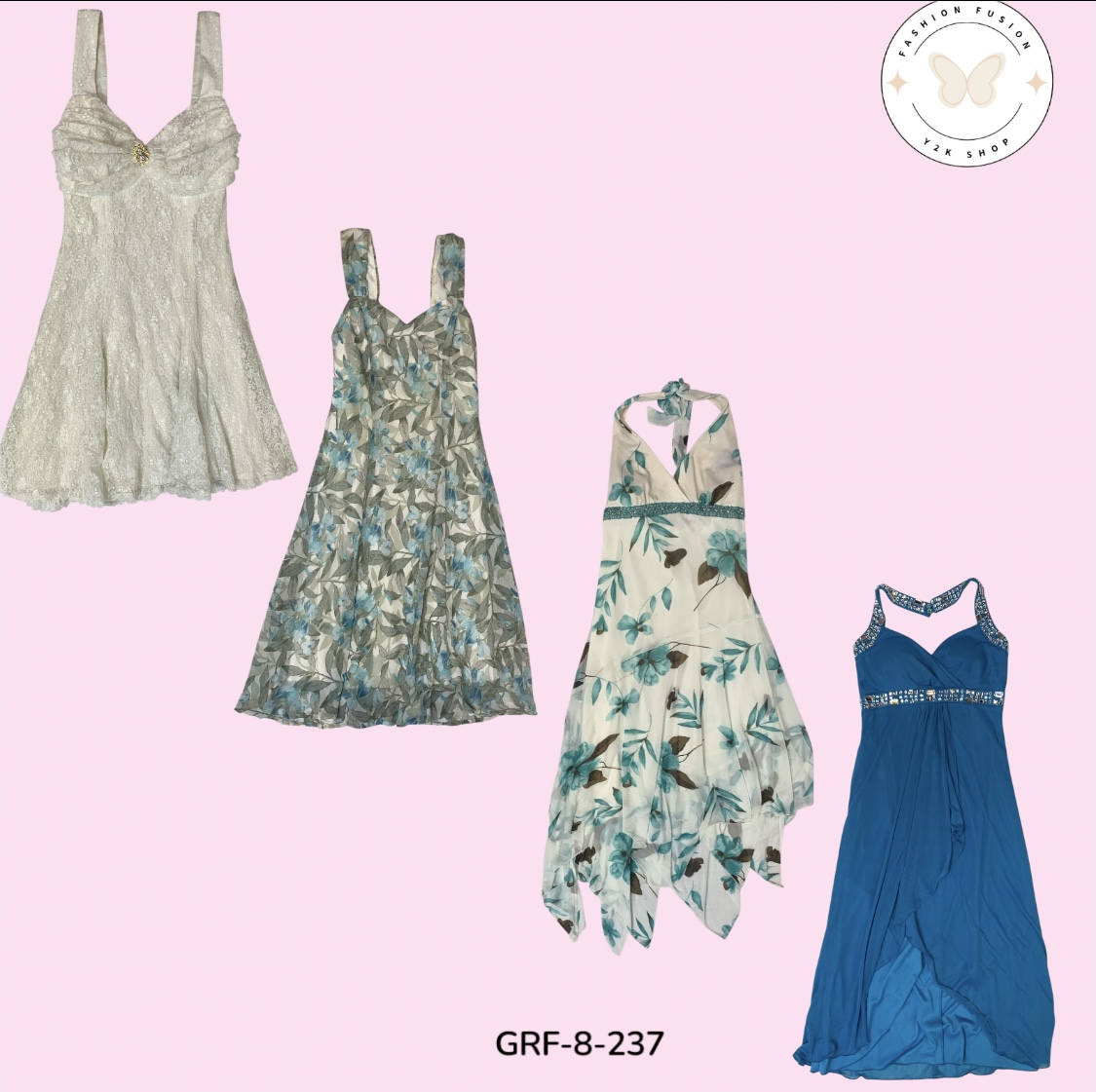 Authentic Y2K Blue Patterned Poly Dress – Iconic Retro Style (GRF-8-237)