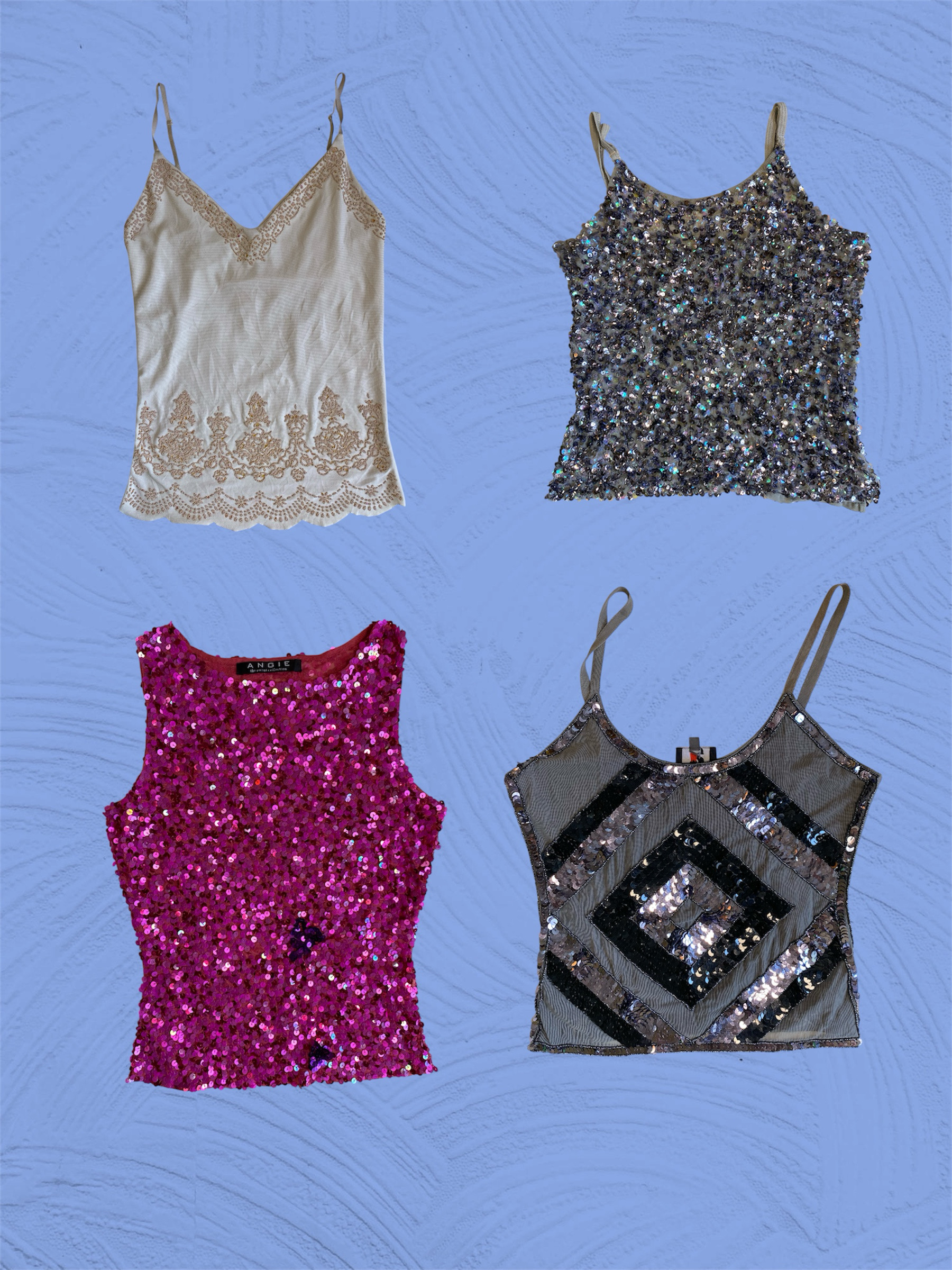 Tops cami en sequins et perles Y2K – Tenues de fête rétro scintillantes pour les clubs (TS : 677)