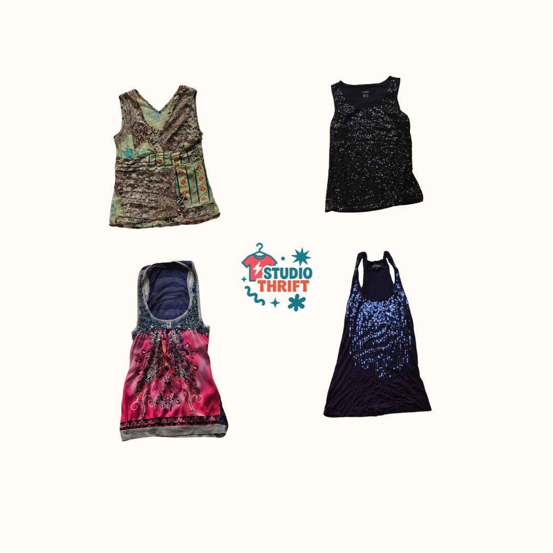 Y2K Indie Sleaze Sequin & Graphic Tank Tops