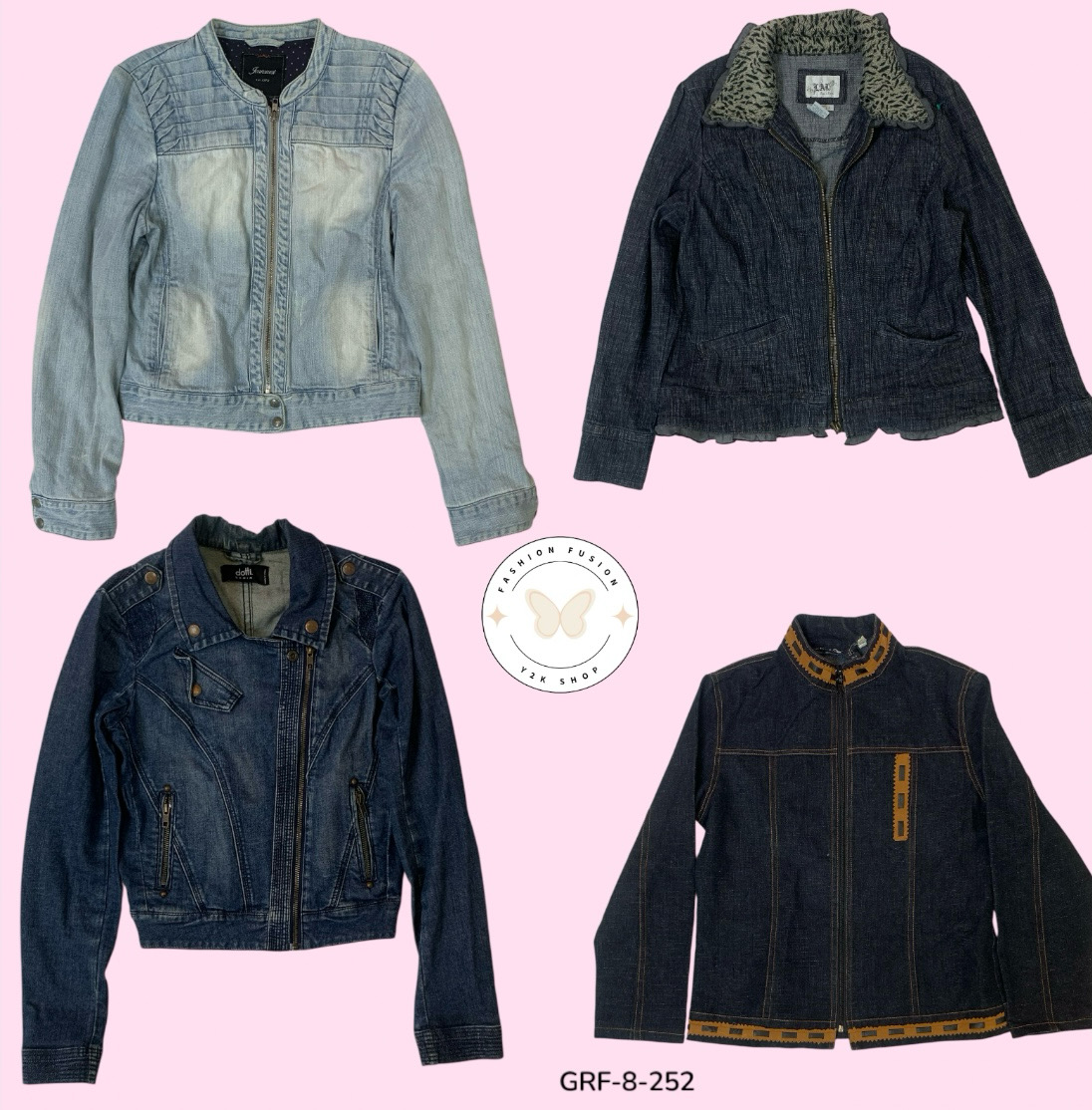 Veste en denim zippée vintage Y2K – Classique du streetwear des années 2000 (GRF-8-252)