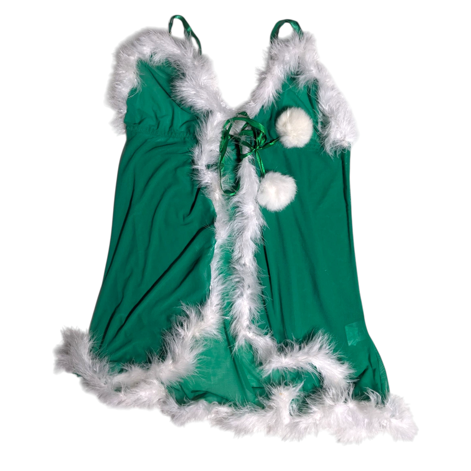 SAY#292 – Abito Intimo Festivo Verde Y2K con Rifinitura in Pelliccia Sintetica