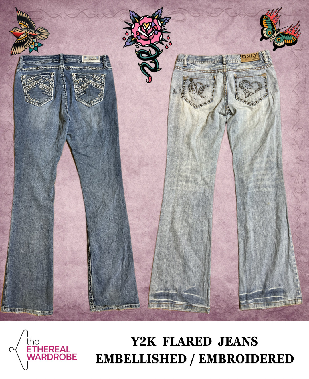 Branded Y2K verziert / bestickt Bootcut-Jeans