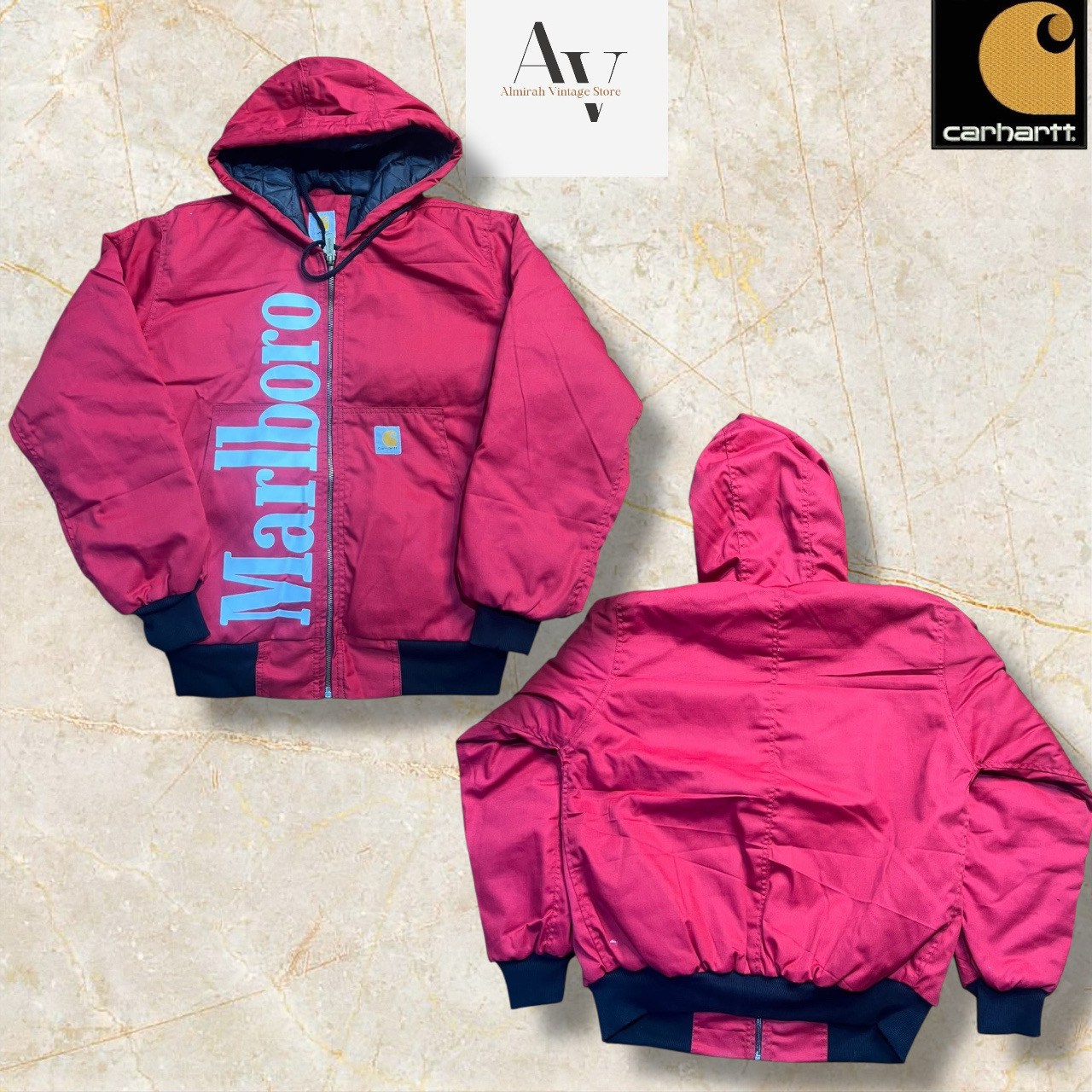 Giacche con cappuccio rosse Marlboro in stile rework Carhartt
