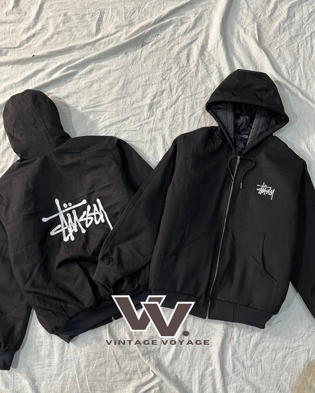 Stussy Rework Style Black Embroidered Active Jackets - #12925