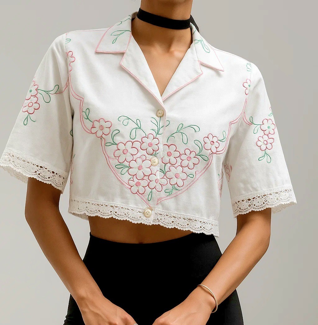 Upcycled Cropped Tablecloth Shirt
