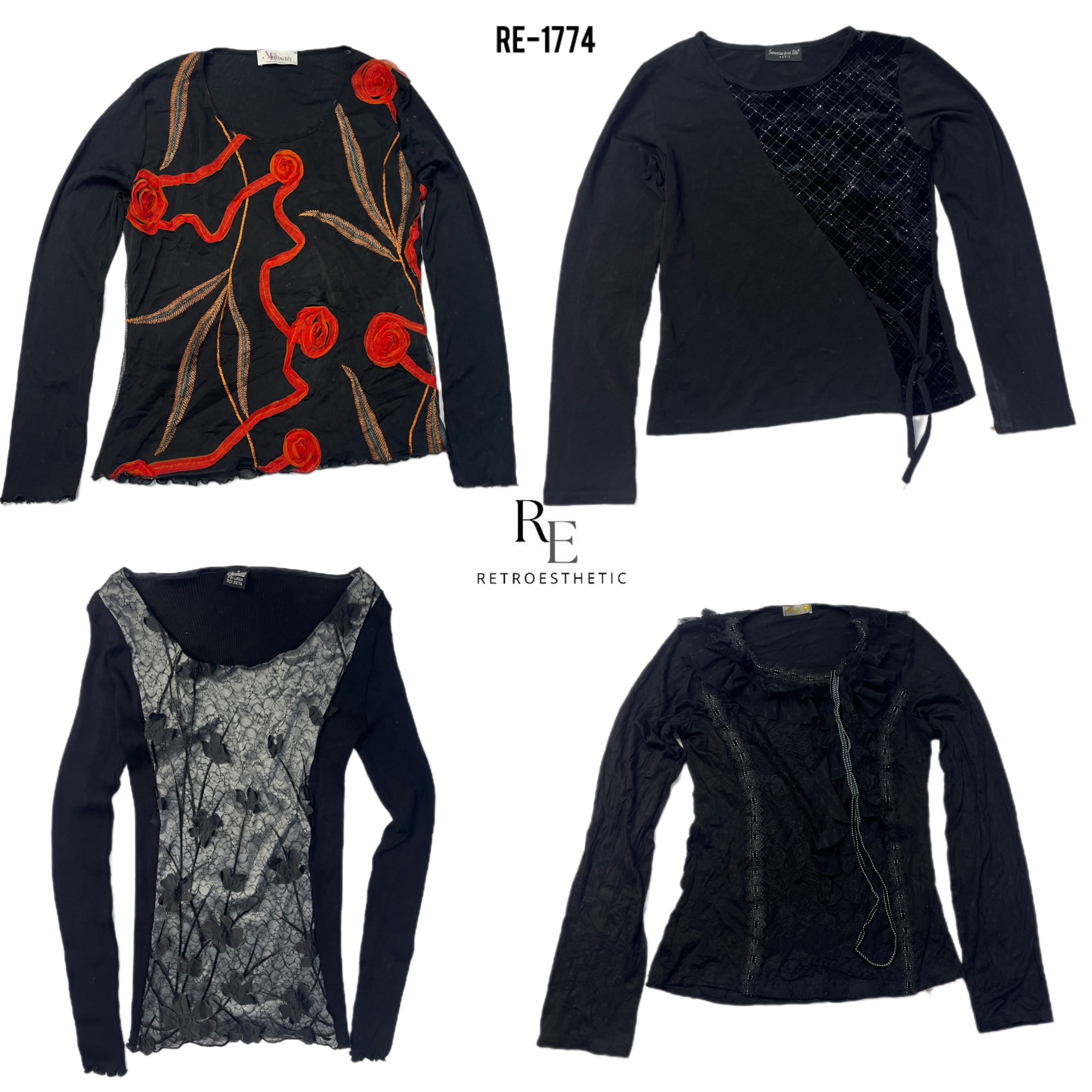 Y2K All Black Gothic Mesh Mix Full Sleeve Tops(RE-1774)