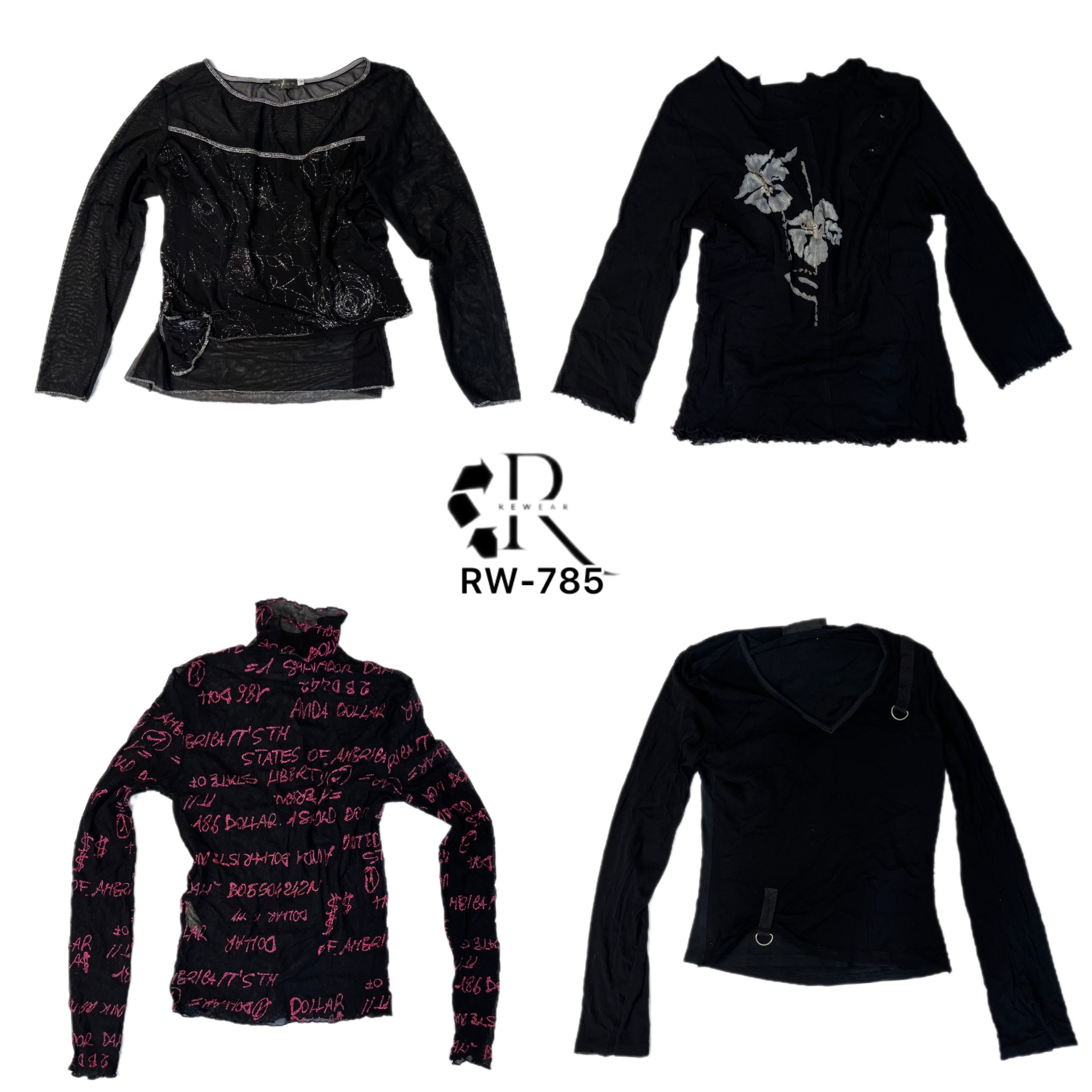 Y2K All Black Gothic Mesh Mix Full Sleeve Tops(Rw-785)