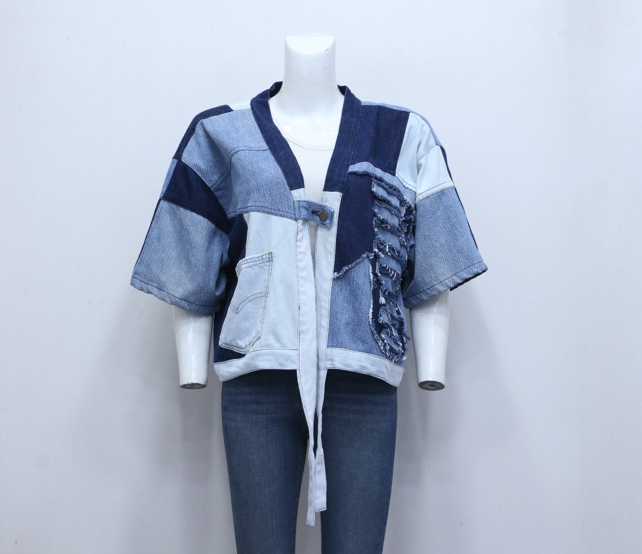 CR590 Upcycled Raw Edge Patchwork Denim Kimono Jac..