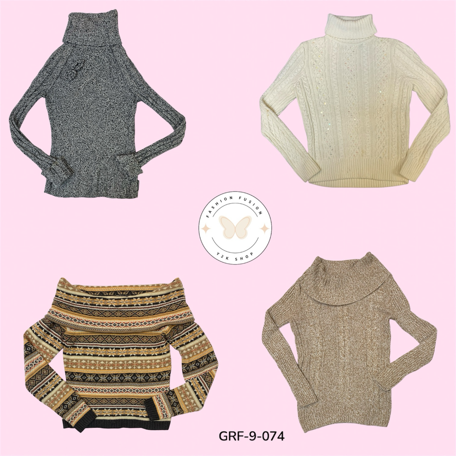 Y2K Classic Hi-Neck Knit Sweater – Retro Cozy Style  (GRF-9-074)