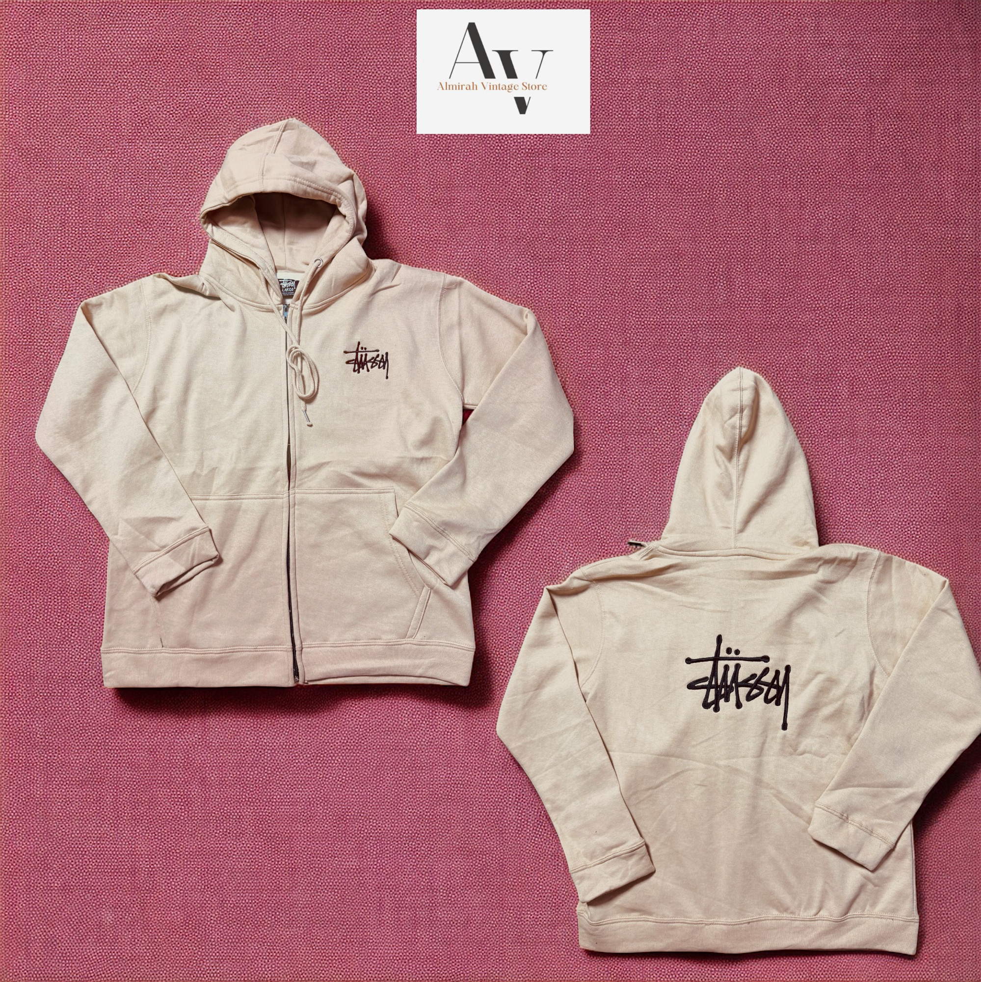 Stussy rework style Cream zipper hoodies