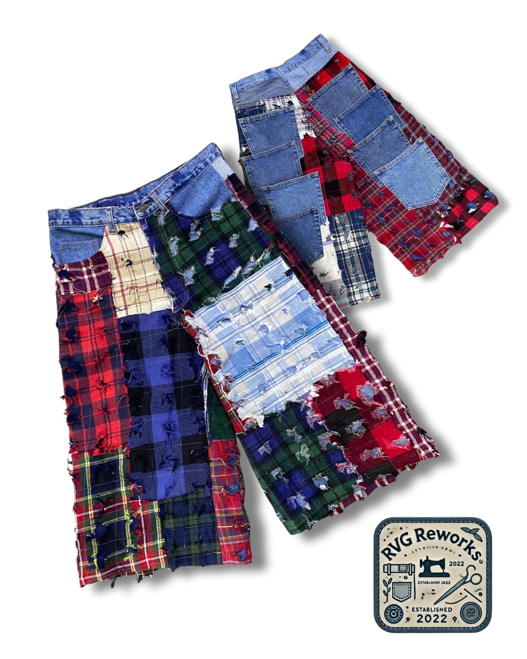Upcycled Boro Patchwork Flannel Denim Jorts