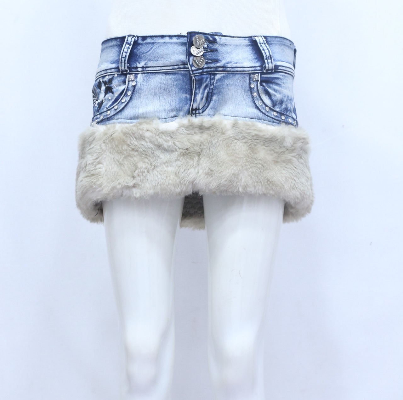 CR626 Upcycled Denim Luxe Fur Skirt