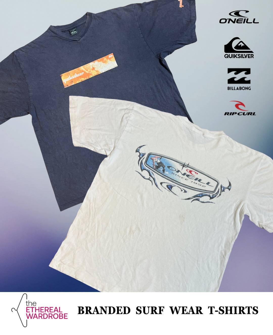 印刷されたTシャツ サーフウェアブランドにはQuikSilver、BillaBong、O'Neill、RipCurlが含まれています。